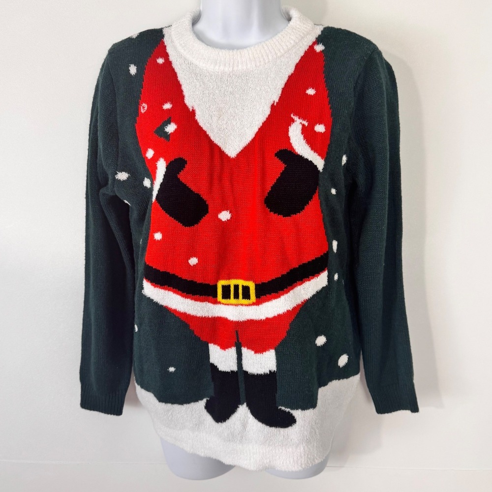 Poof New York Ugly Christmas Sweater Women Medium Green LS Santa Holiday Party